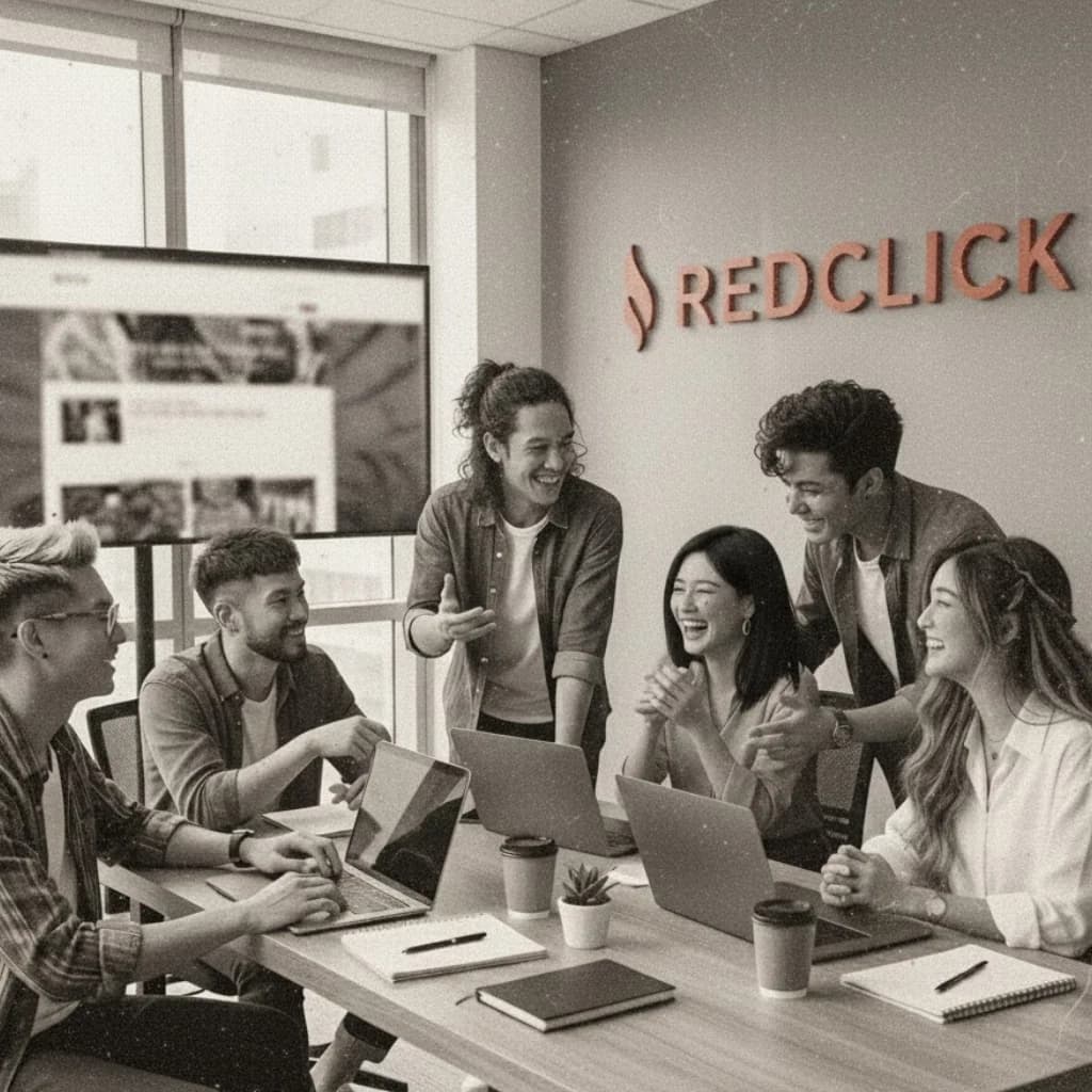 A group of professionals in a modern office looking at a presentation.